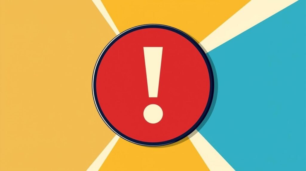 Alert icon with red circle, exclamation mark, and colorful geometric background.