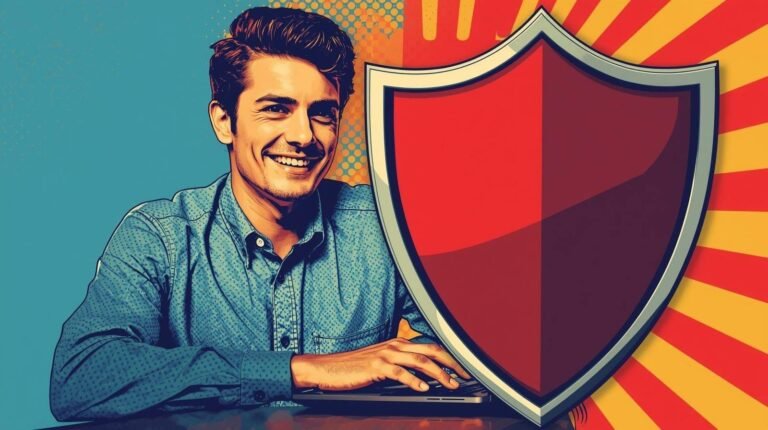 Smiling man with laptop and shield, pop-art style, symbolizes cybersecurity protection.