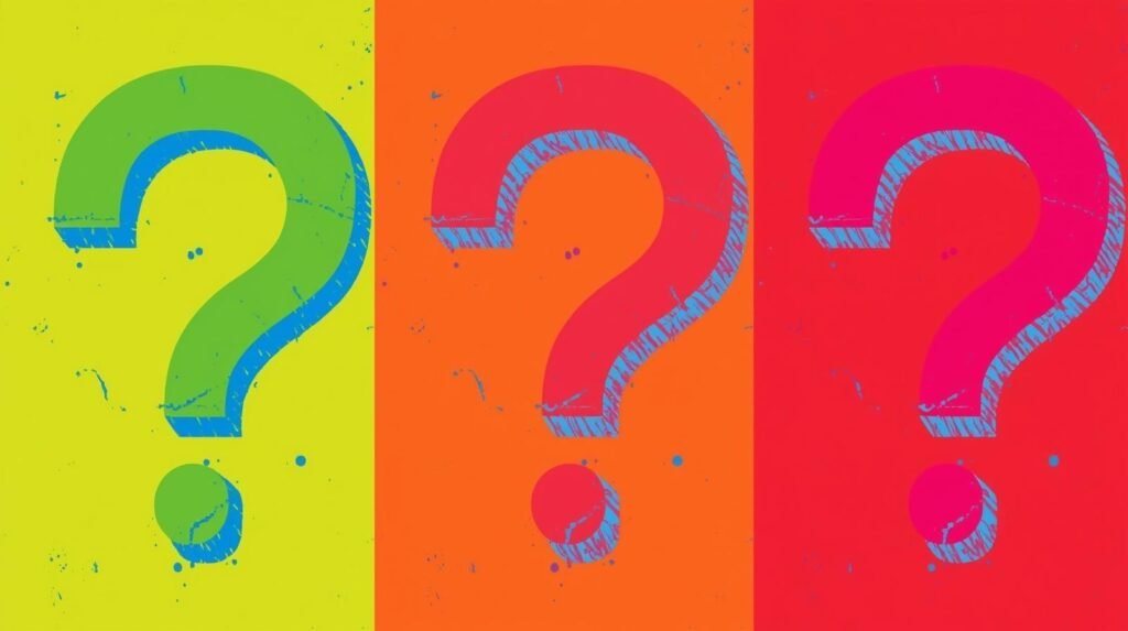 Vibrant pop art with colorful question marks on dynamic backgrounds.