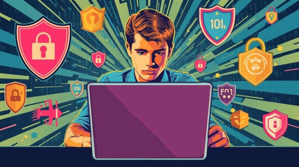 Young man using laptop, surrounded by cybersecurity icons and digital elements.