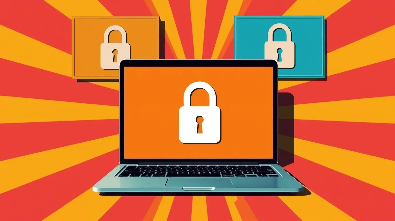 Cybersecurity illustration: laptop with padlock, vibrant background, data protection theme.