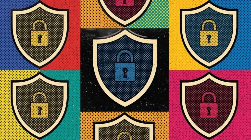 Pop Art grid of colorful shields with padlocks, symbolizing cybersecurity and protection.