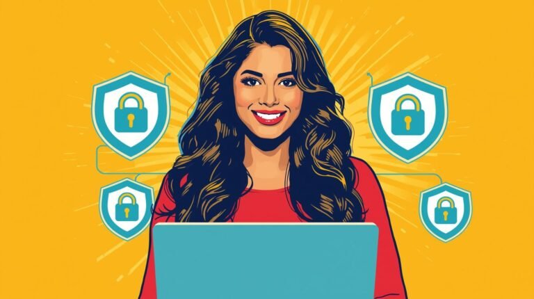 Pop art illustration of a woman with laptop and cybersecurity icons.
