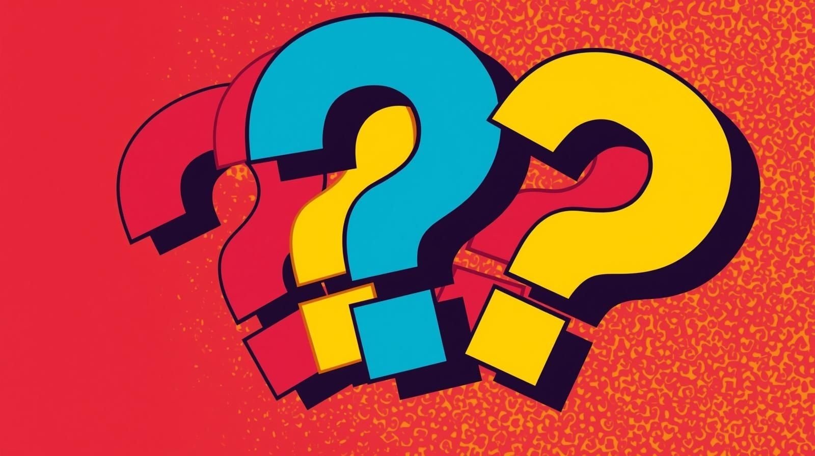 Three bold, colorful question marks on textured red background, symbolizing curiosity and inquiry.