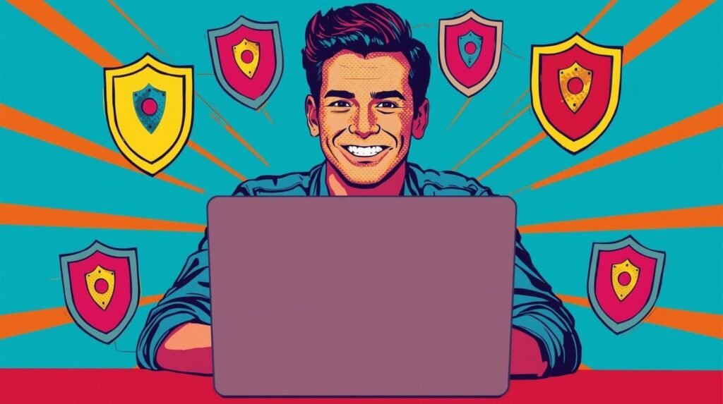 Smiling person using a laptop, surrounded by colorful shields symbolizing cybersecurity and safety.