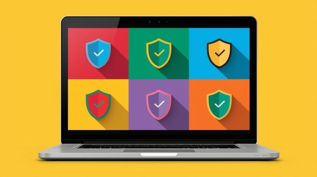 Laptop with colorful security shield icons on yellow background, symbolizing cybersecurity protection.