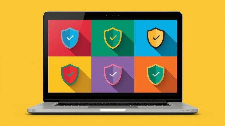 Laptop with colorful security shield icons on yellow background, symbolizing cybersecurity protection.