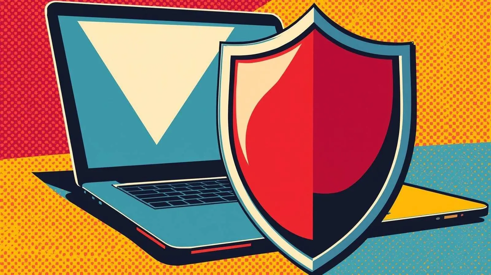 Pop-art style laptop with shield illustrating cybersecurity protection and digital security themes.