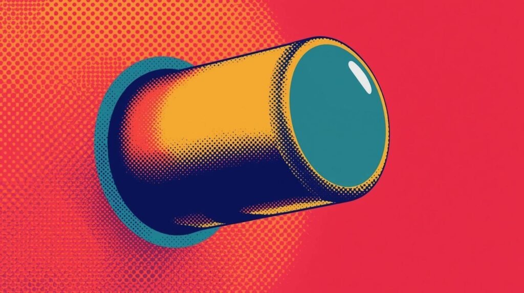 Pop art cylinder with vibrant colors and halftone pattern on a red background.