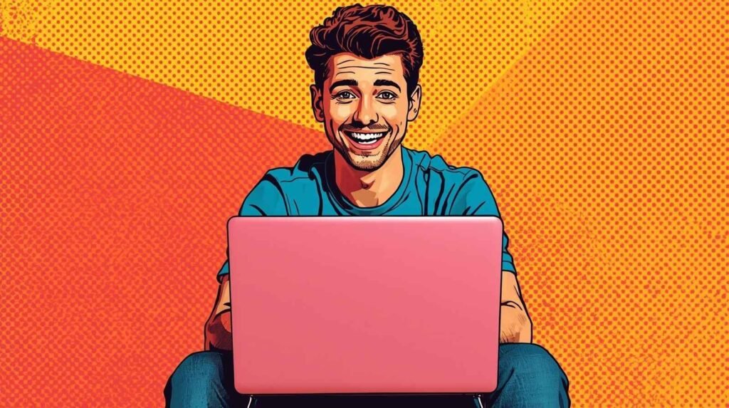 Pop art style illustration of a cheerful person with laptop and vivid background.