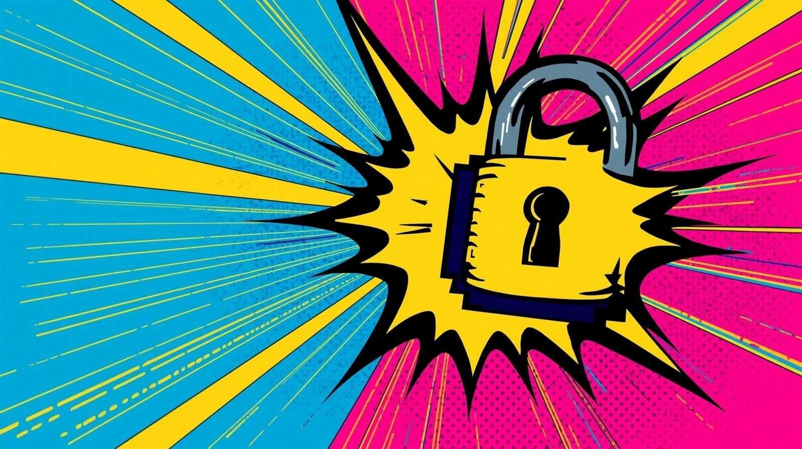 Pop art padlock with explosive colors suggesting security and the potential for unlocking change.