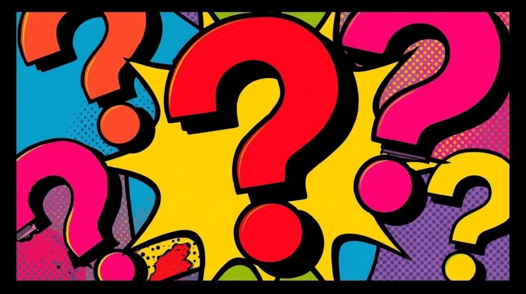 Vibrant pop art with colorful question marks, comic book style, bold and dynamic design.