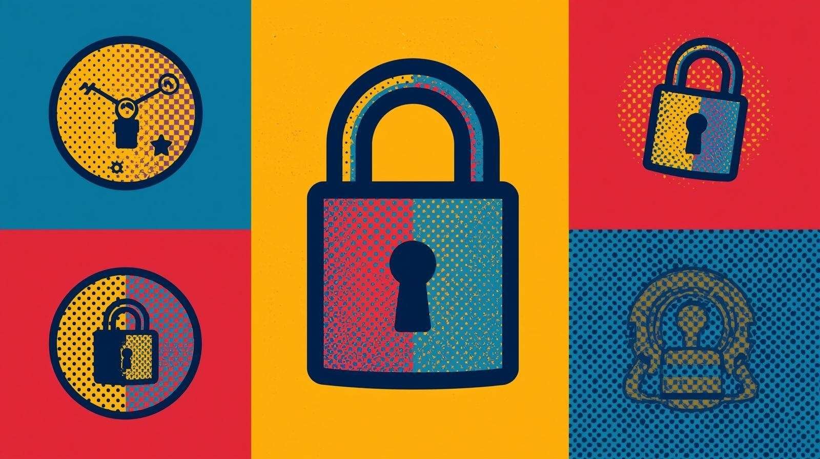Pop-art style illustration of colorful padlocks emphasizing security and protection themes.