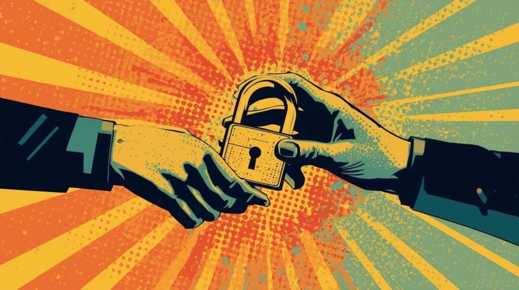 Pop art hands exchanging a padlock, symbolizing security, trust, and cooperation.