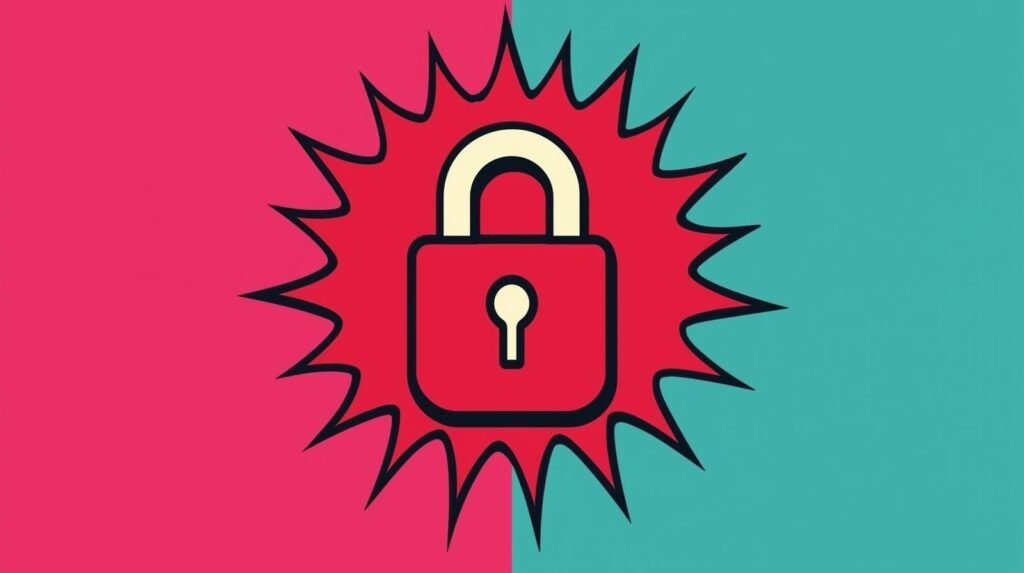 Red open padlock with starburst on pink and teal background, symbolizing security and access.