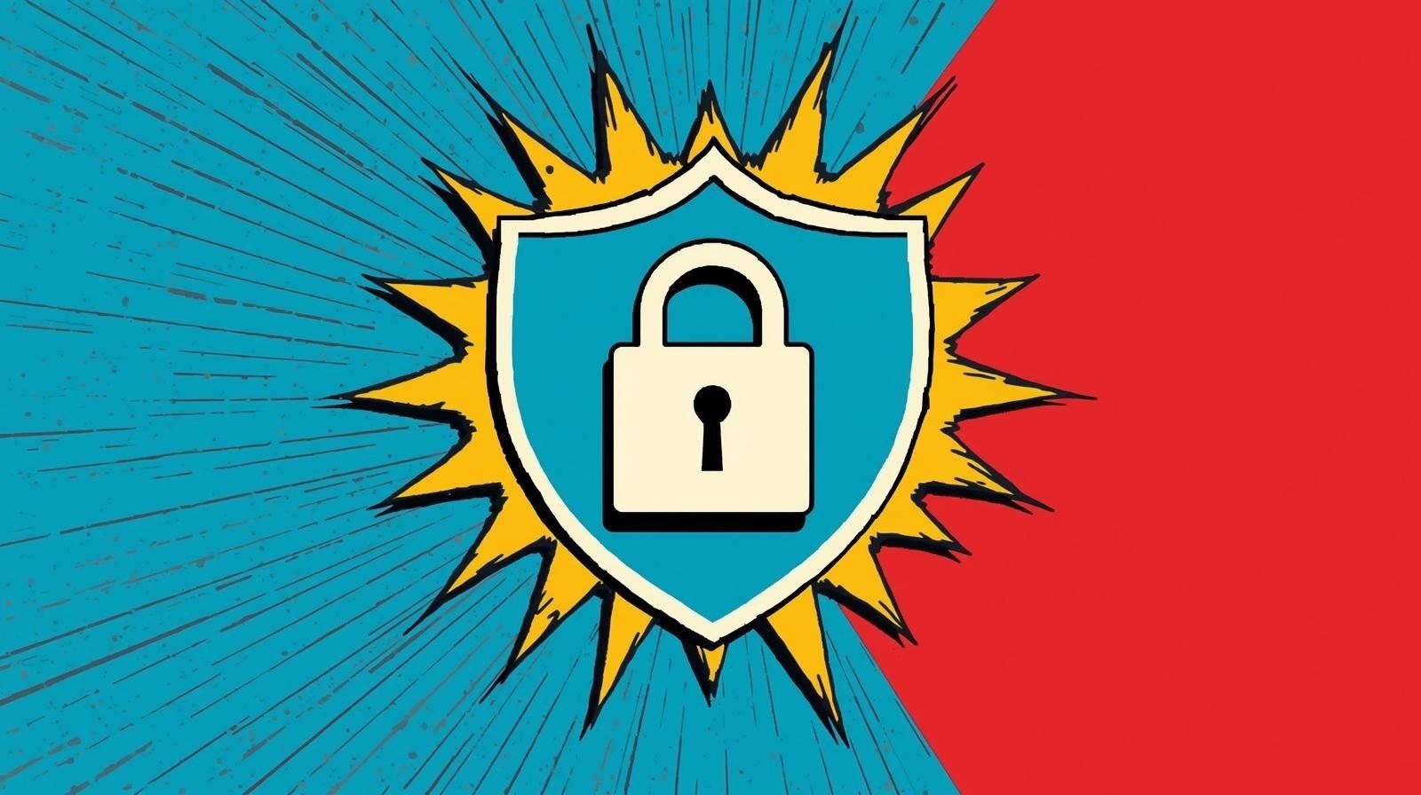 Stylized shield emblem with padlock on vibrant comic burst, symbolizing cybersecurity protection.