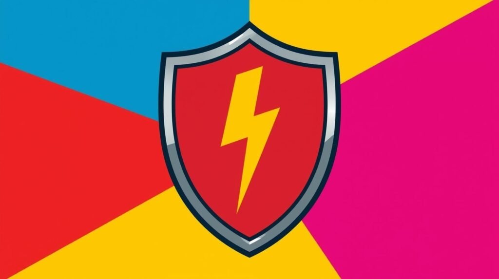Vibrant shield emblem with red, yellow lightning bolt, dynamic color background, and metallic border.