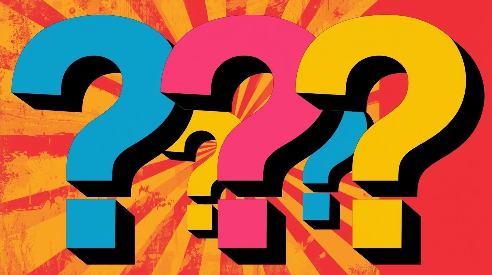 Vibrant pop art with colorful question marks on a dynamic background.