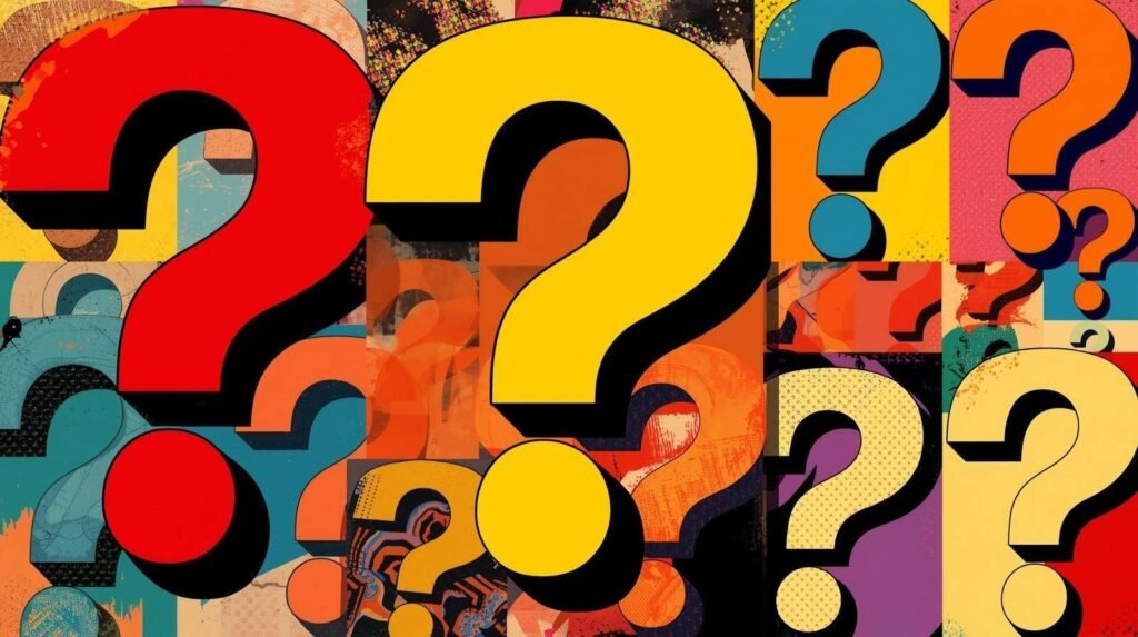 Vibrant collage of question marks in bold colors, textures, and patterns.