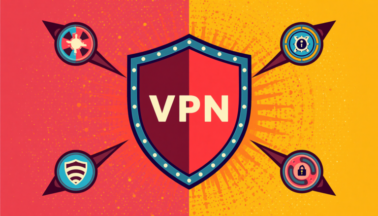 Linux VPN split tunneling security shield illustration with lock and network protection icons.