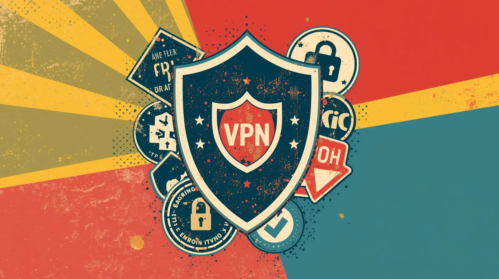 Retro VPN security shield poster for ProtonVPN WireGuard setup on Kali Linux.