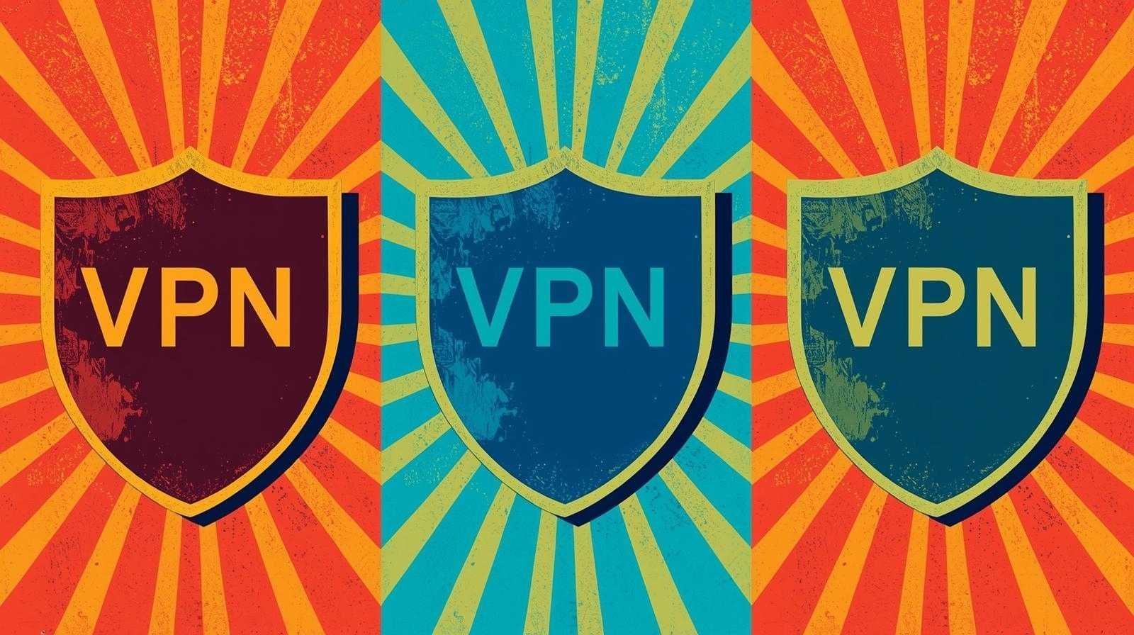 VPN shields in vintage style with bold colors and sunburst patterns for online security.