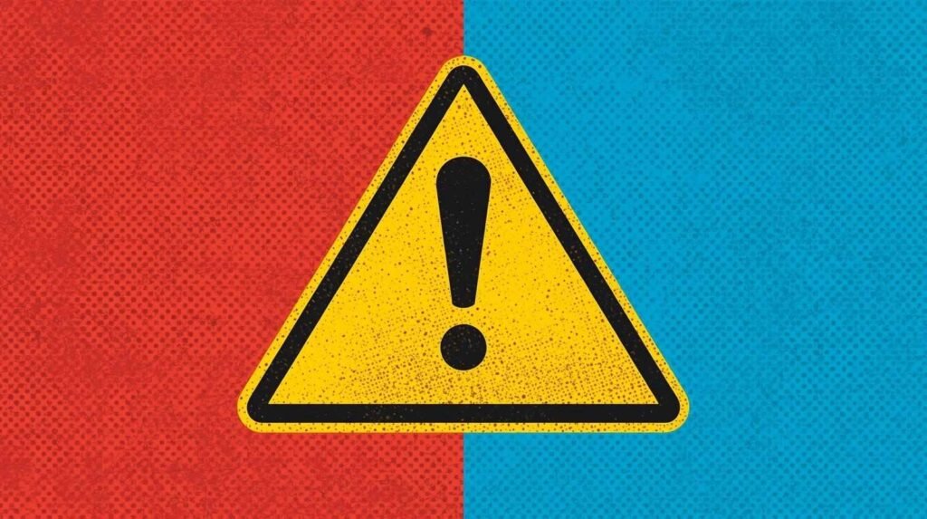 Warning sign on red and blue dotted background with yellow and black triangle.