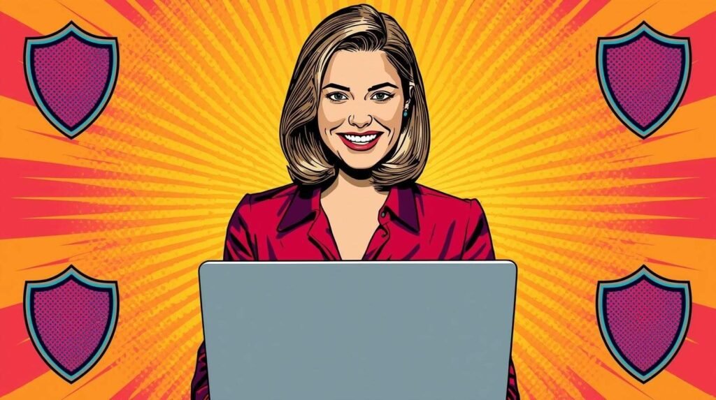 Pop art woman using laptop; symbolizes digital empowerment, security, success, protection, technology.