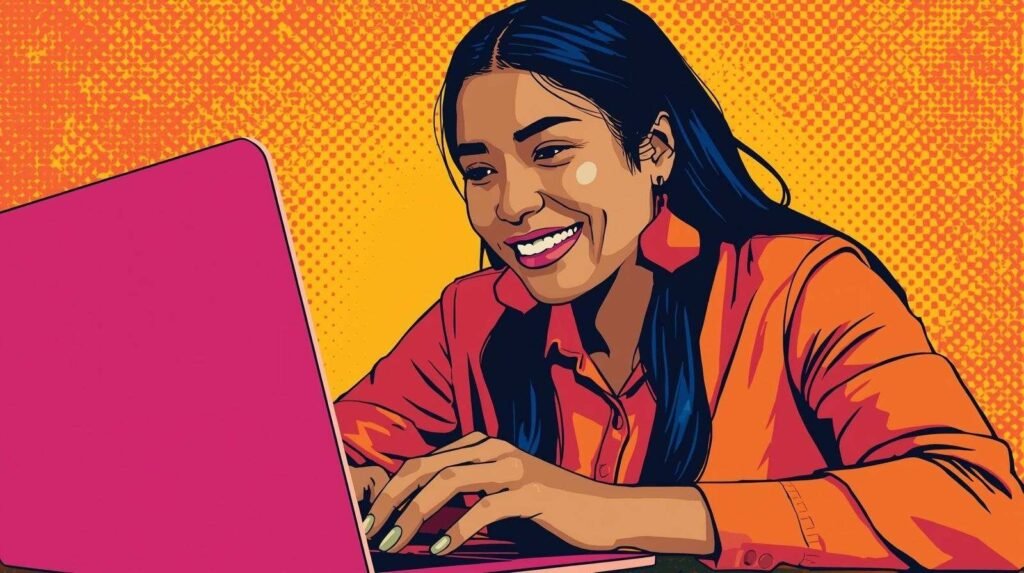 Pop art illustration of woman smiling, working on pink laptop with vibrant orange background.