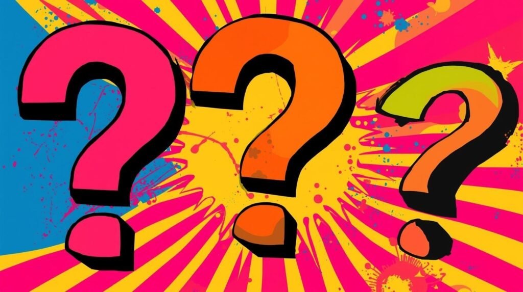 Vibrant digital art featuring colorful question marks with explosive abstract background.