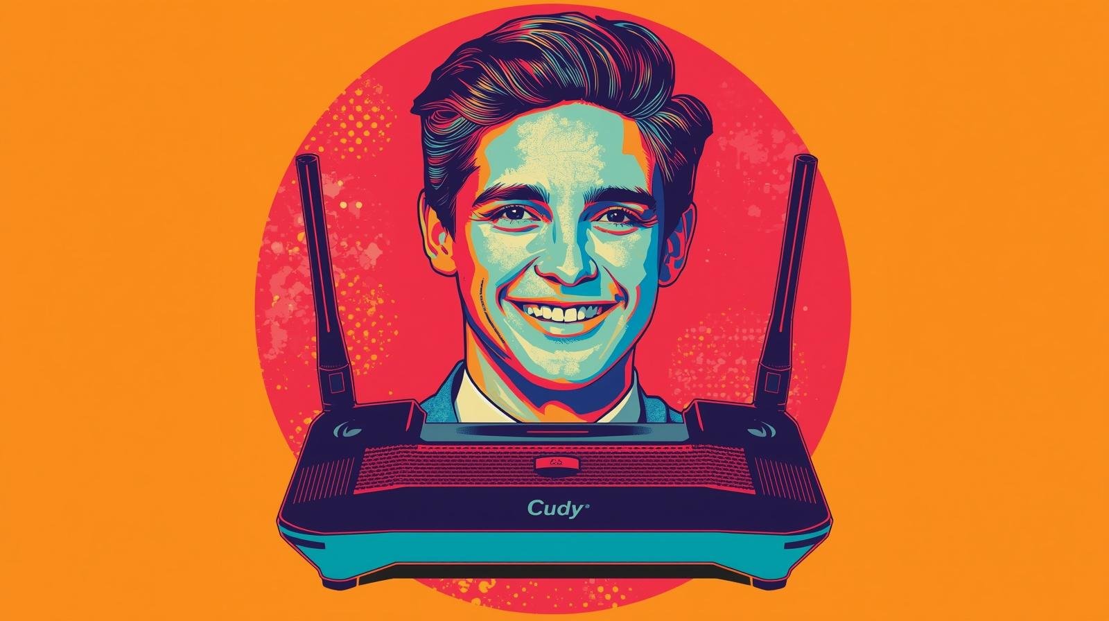 Smiling man behind Cudy WireGuard VPN router for ProtonVPN setup illustration.
