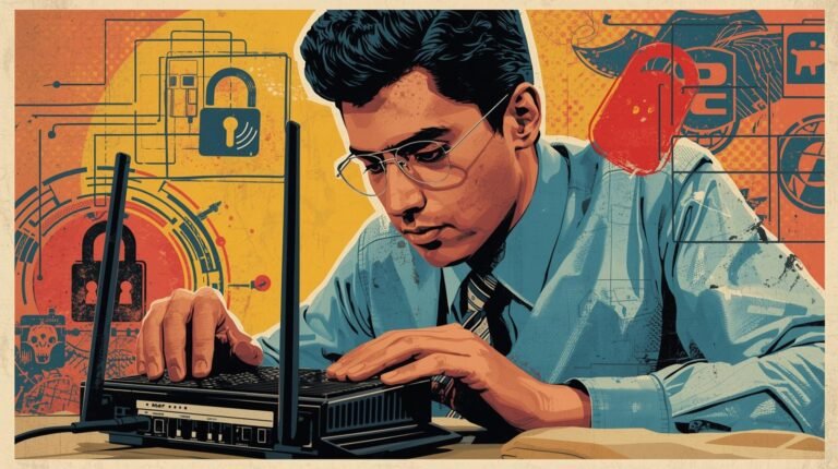 Tech professional securing router with cybersecurity focus amid digital and network symbols.