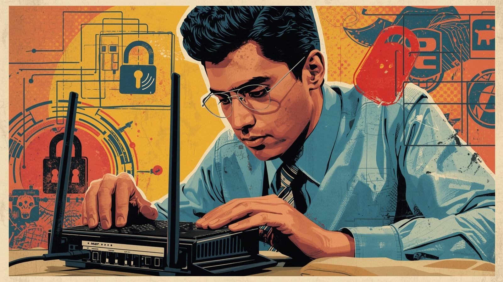 Tech professional securing router with cybersecurity focus amid digital and network symbols.