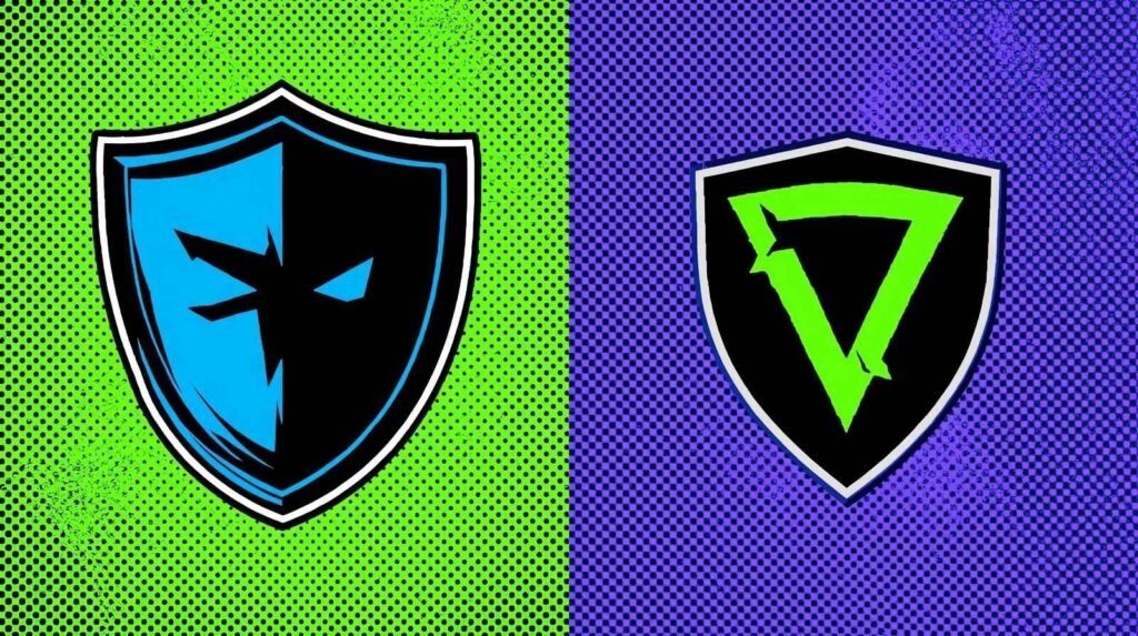 Abstract shields with vibrant colors, dotted backgrounds, comic-style design, symbolizing duality.