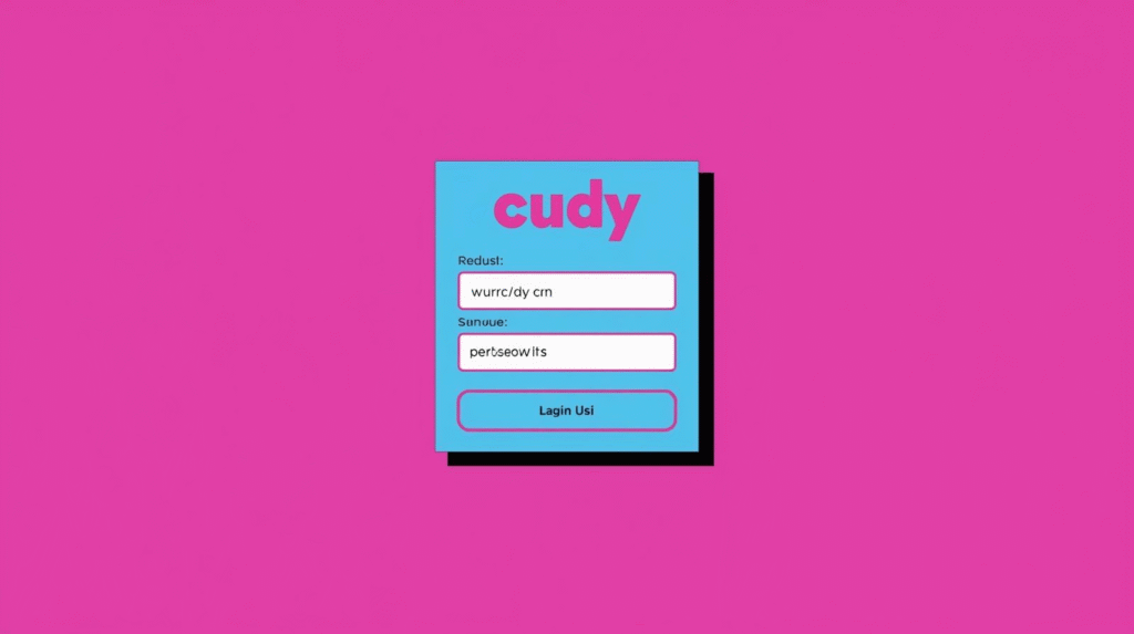 Vibrant pink and blue login interface with playful text and bold design elements.