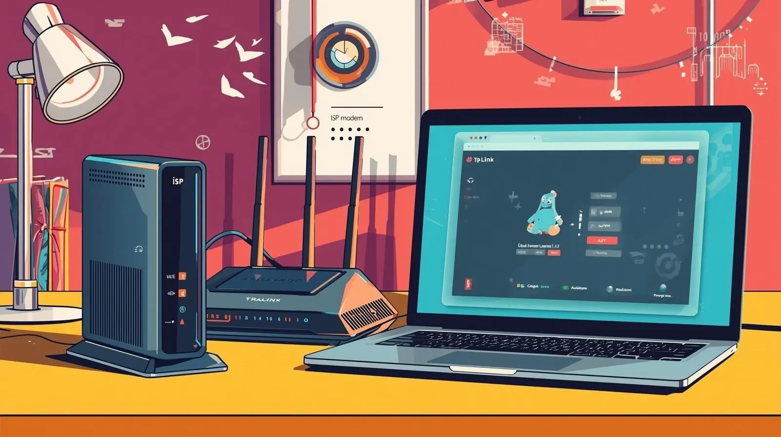 How I Built My Exuberant Home Cybersecurity Lab (Step-by-Step) 🔧. 1 Modern tech workspace with TP Link interface, router, modem, and sleek laptop setup.