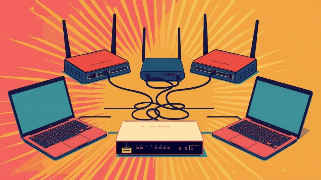How I Built My Exuberant Home Cybersecurity Lab (Step-by-Step) 🔧. 3 Modern network setup illustration with routers, laptops, connectivity, and dynamic colors.