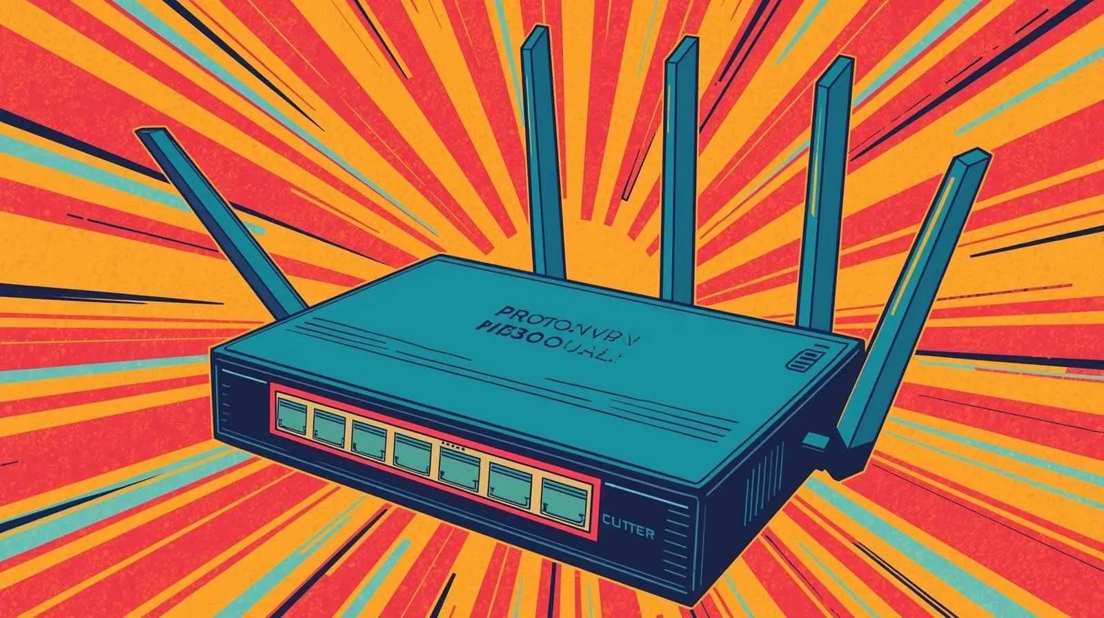 Retro comic-style router illustration with vibrant colors and PROTO-VPN label.