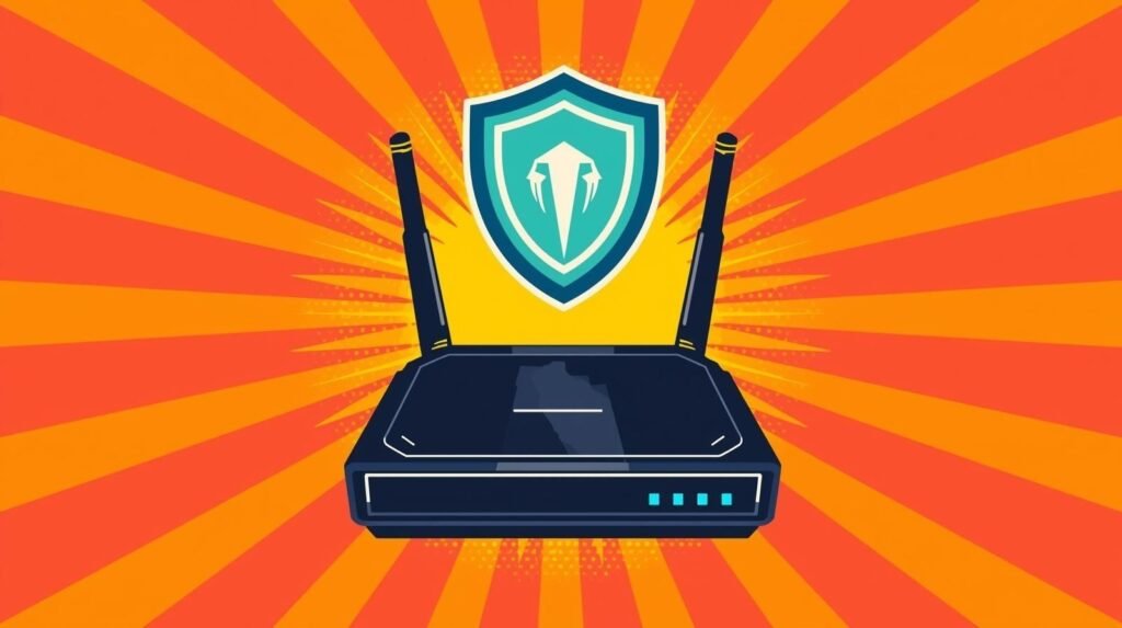 Secure wireless router illustration with shield, antennas, and vibrant background.