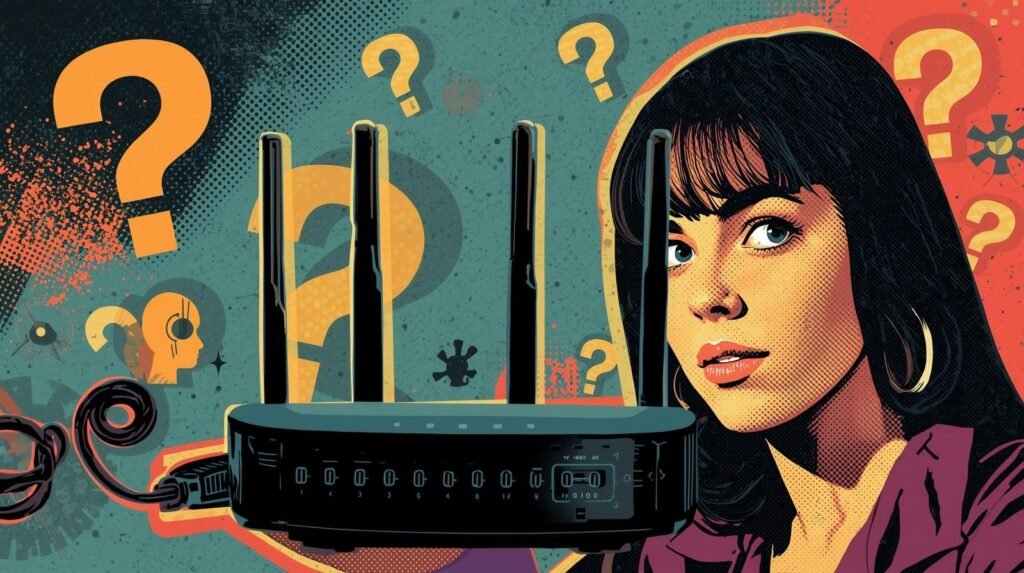 Pop art illustration: woman, modern router, wireless technology, colorful retro comic style.