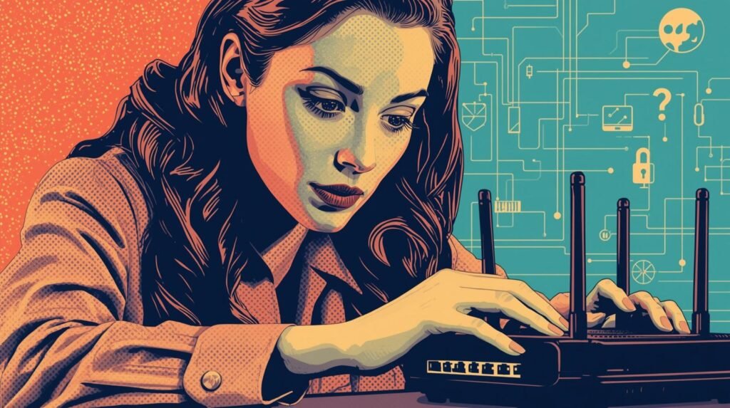 Retro woman engaging with Wi-Fi router, digital connectivity symbols in vibrant pop art style.