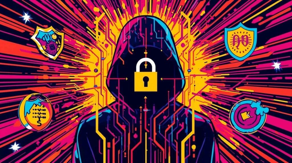 Cybersecurity icon with hooded figure, padlock, neon colors, and circuit patterns.