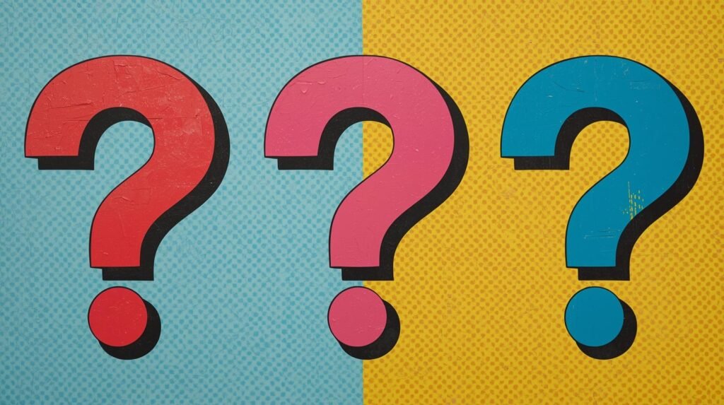 Pop art-inspired question marks with vibrant colors on a contrasting dual-tone background.