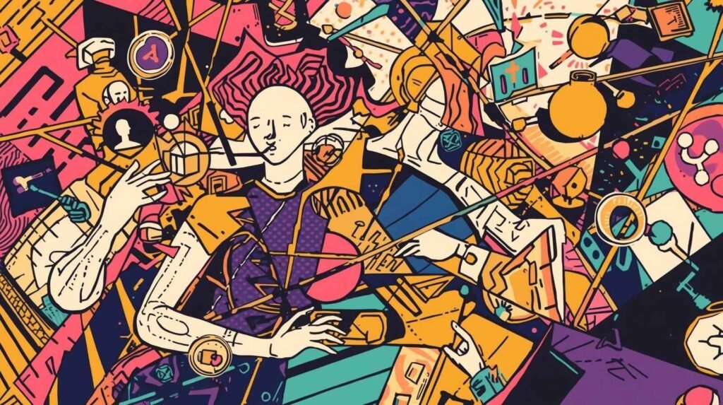 Abstract art with geometric shapes, vibrant colors, humanoid figures, and technology symbols.