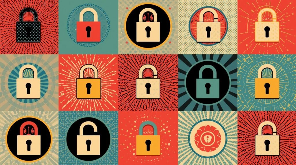 Pop-art padlock collage with vibrant colors, retro style, and dynamic patterns.