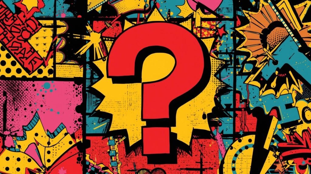 Pop art comic style with bold question mark and vibrant, dynamic background.