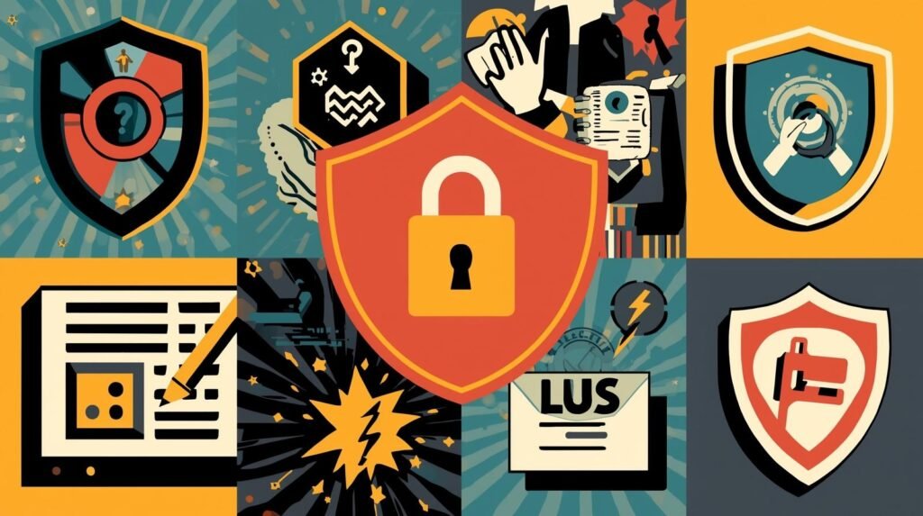 Digital security collage featuring shields, cybersecurity symbols, and technology elements in bold colors.