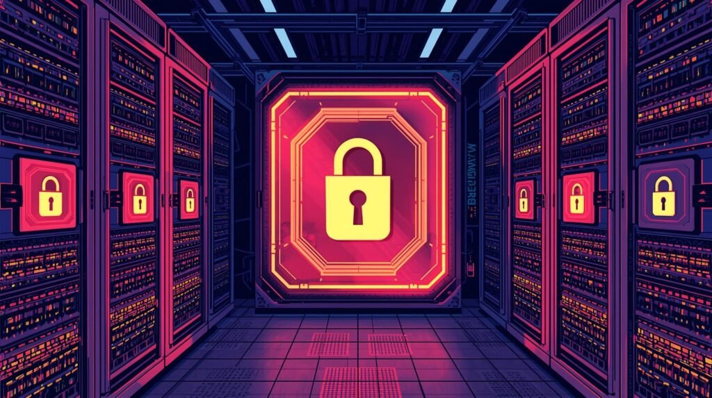 Futuristic server room with neon lights, emphasizing cybersecurity with a central padlock icon.