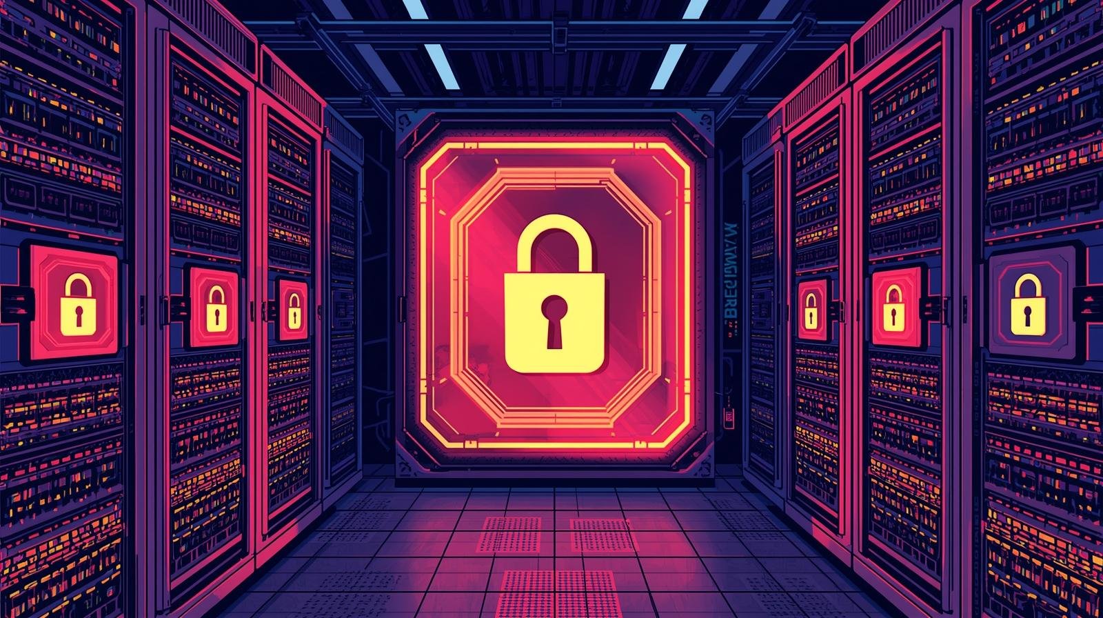 Futuristic server room with neon lights, emphasizing cybersecurity with a central padlock icon.
