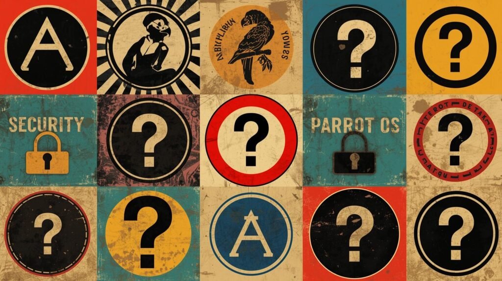 Vintage collage with symbols: letters, silhouettes, parrot, question marks, security icons, retro style.